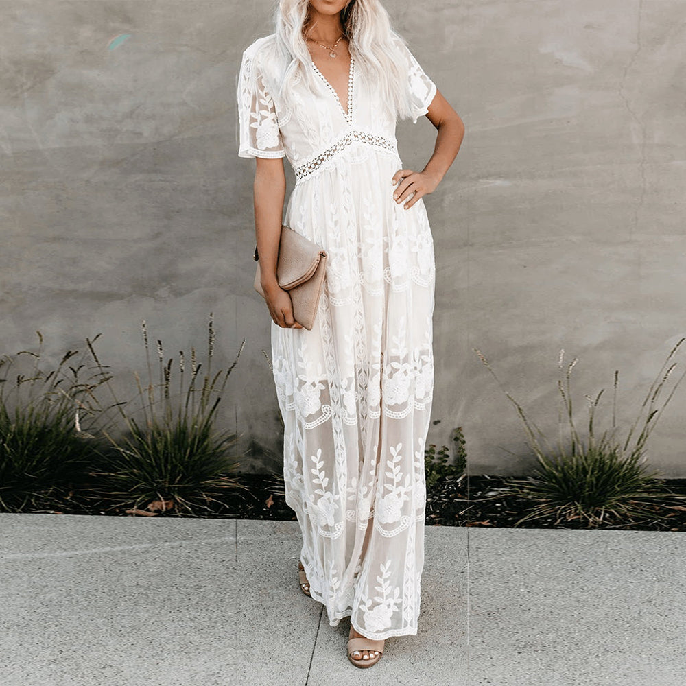 Comfortable V-neck flowy maxi dress for women, ideal for casual day wear or elegant evening events.