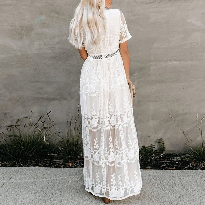 Stylish women's summer maxi dress with a flowy design & V-neck, offering versatile day-to-night elegance.