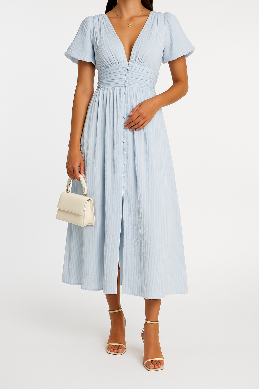 Stylish long women's dress featuring a button-front and flowy silhouette, ideal for spring & summer.