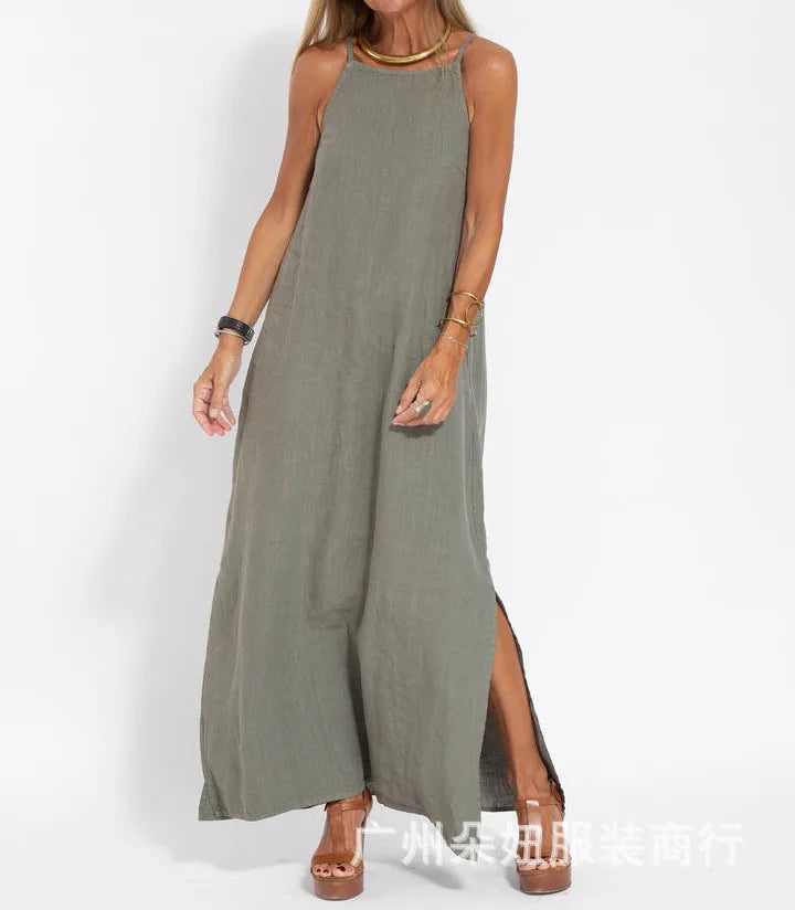 Stylish & comfortable women's flowy maxi slip dress with side slits, a chic option for any occasion.