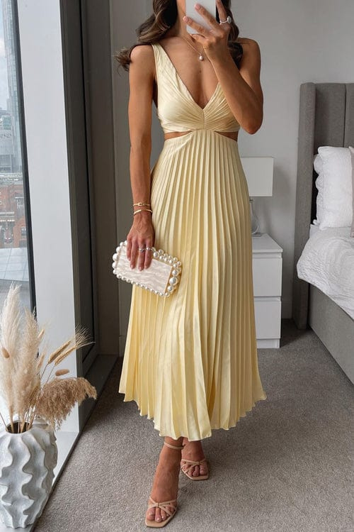 Elegant women's flowy pleated midi dress, perfect for parties, special occasions, and versatile wear.