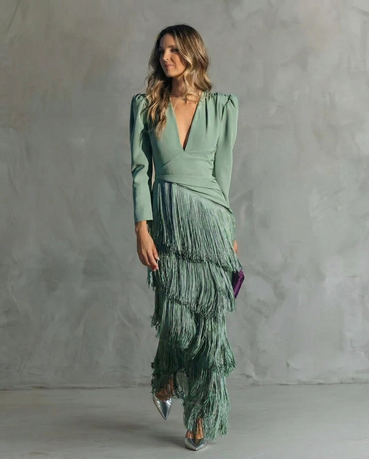 Elegant women's flowy V-neck long sleeve fringe midi dress in light green, perfect for formal occasions.