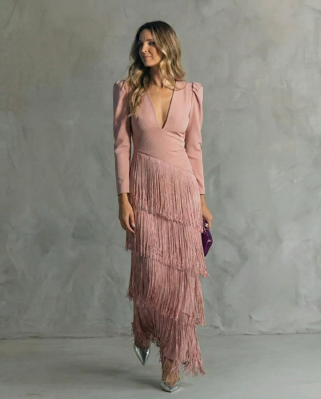 Chic women's multicolour flowy V-neck midi dress featuring elegant long sleeves and fringe trim.