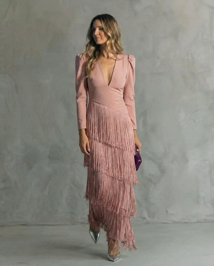 Chic women's multicolour flowy V-neck midi dress featuring elegant long sleeves and fringe trim.