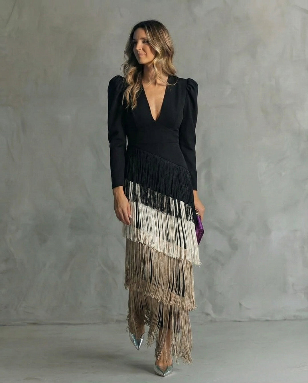 Comfortable pink flowy V-neck long sleeve midi dress with beautiful fringe, great for any special occasion.