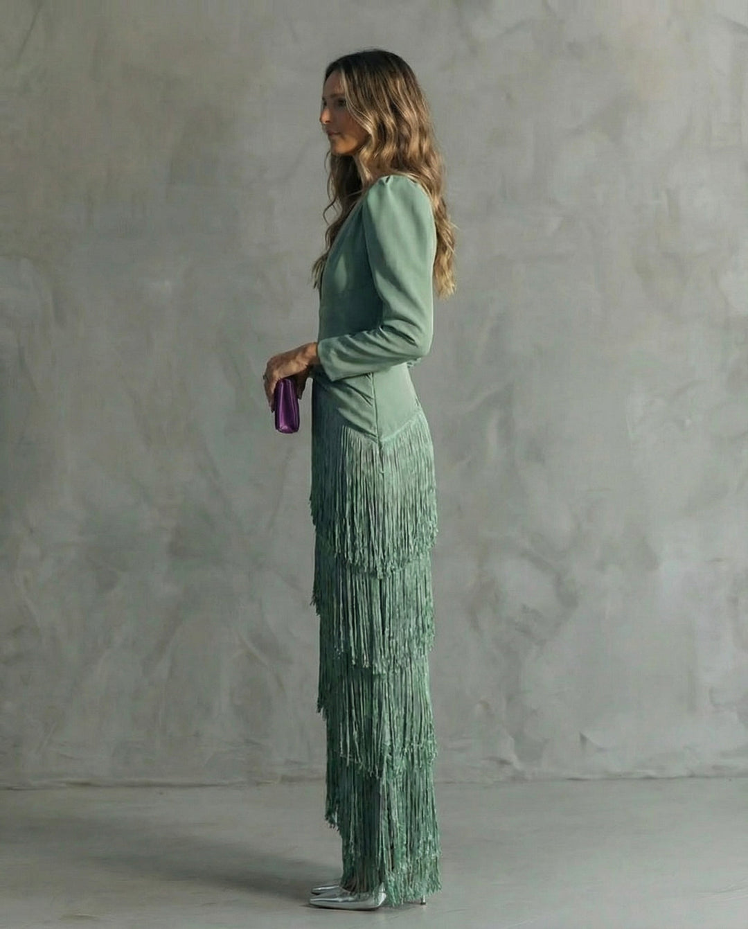 Formal women's fringe midi dress with a flattering V-neck, long sleeves, and a graceful flowy silhouette.