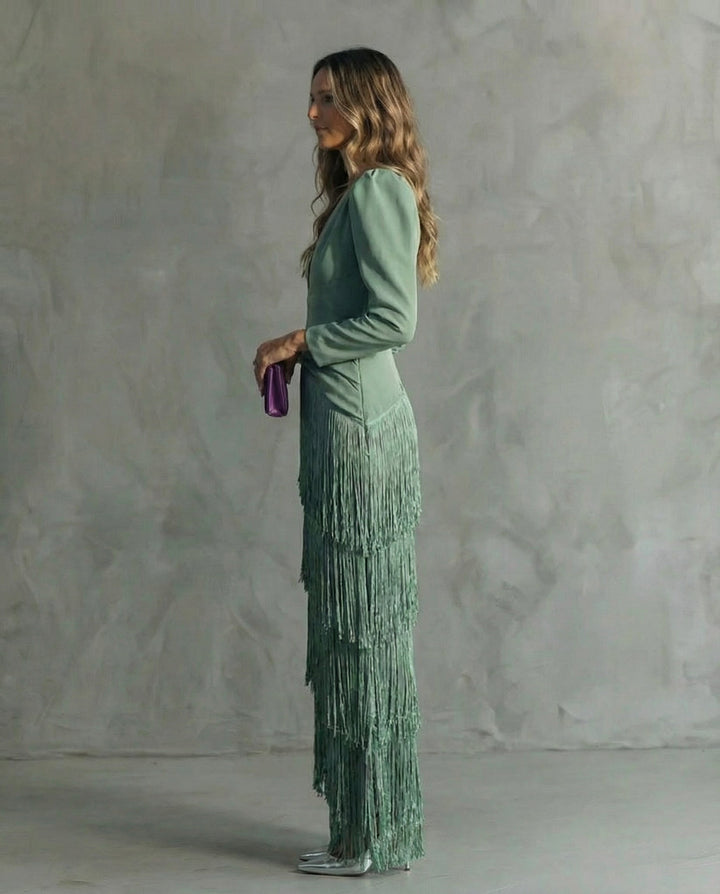 Formal women's fringe midi dress with a flattering V-neck, long sleeves, and a graceful flowy silhouette.