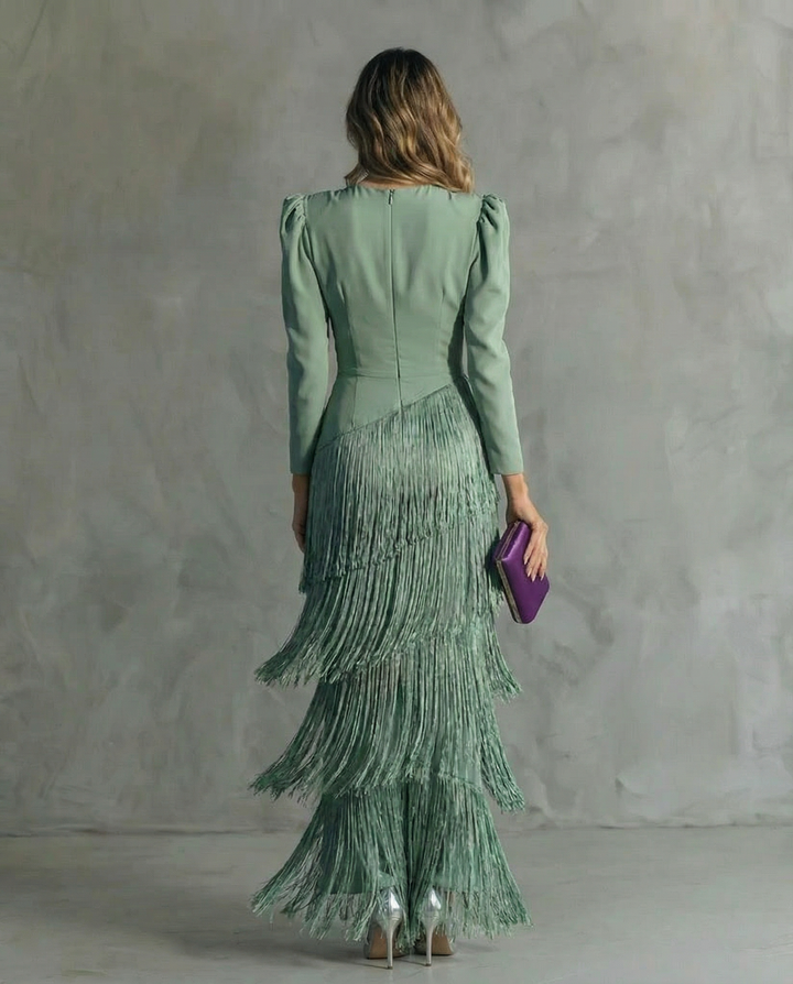 Multicolour flowy V-neck long sleeve fringe midi dress, an elegant choice for women's party wear.