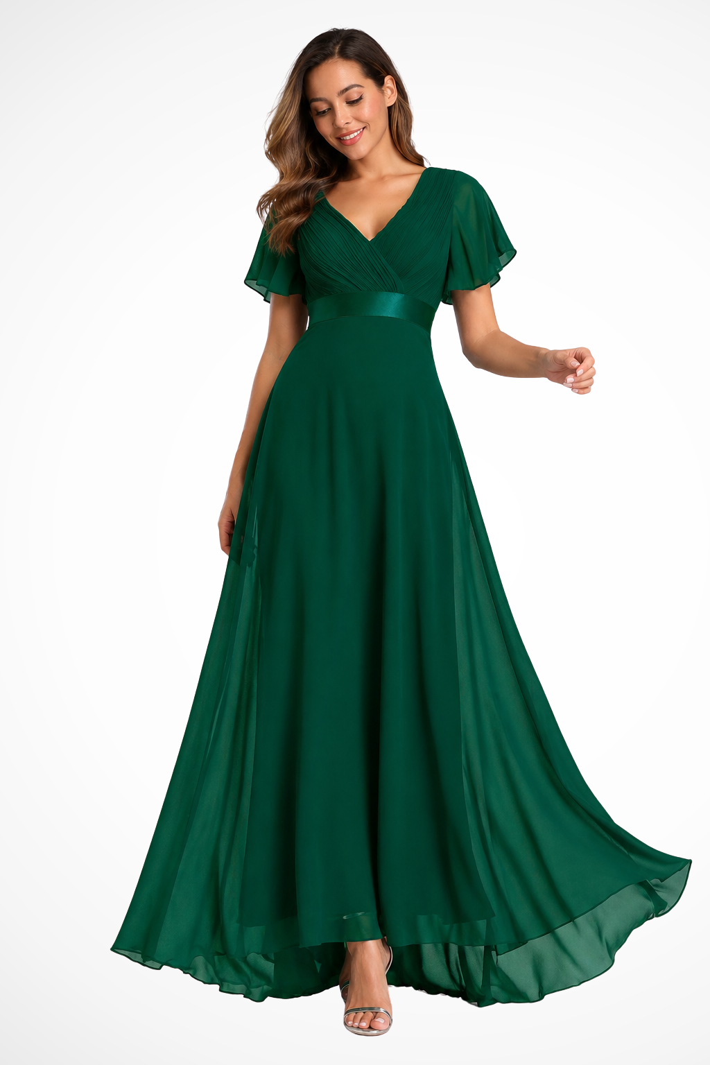 Elegant women's flutter sleeve v-neck maxi dress, perfect for wedding guests & formal occasions.