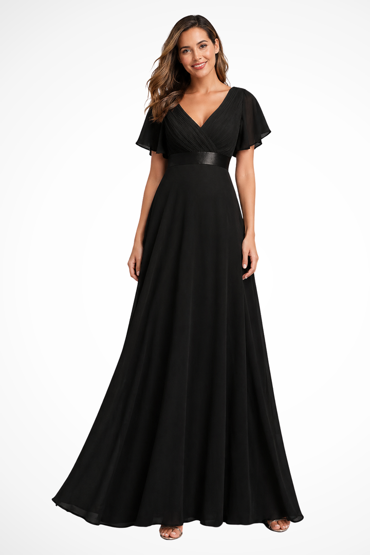 Sophisticated women's maxi dress with flutter sleeves & a flattering v-neck, ideal for evening parties.