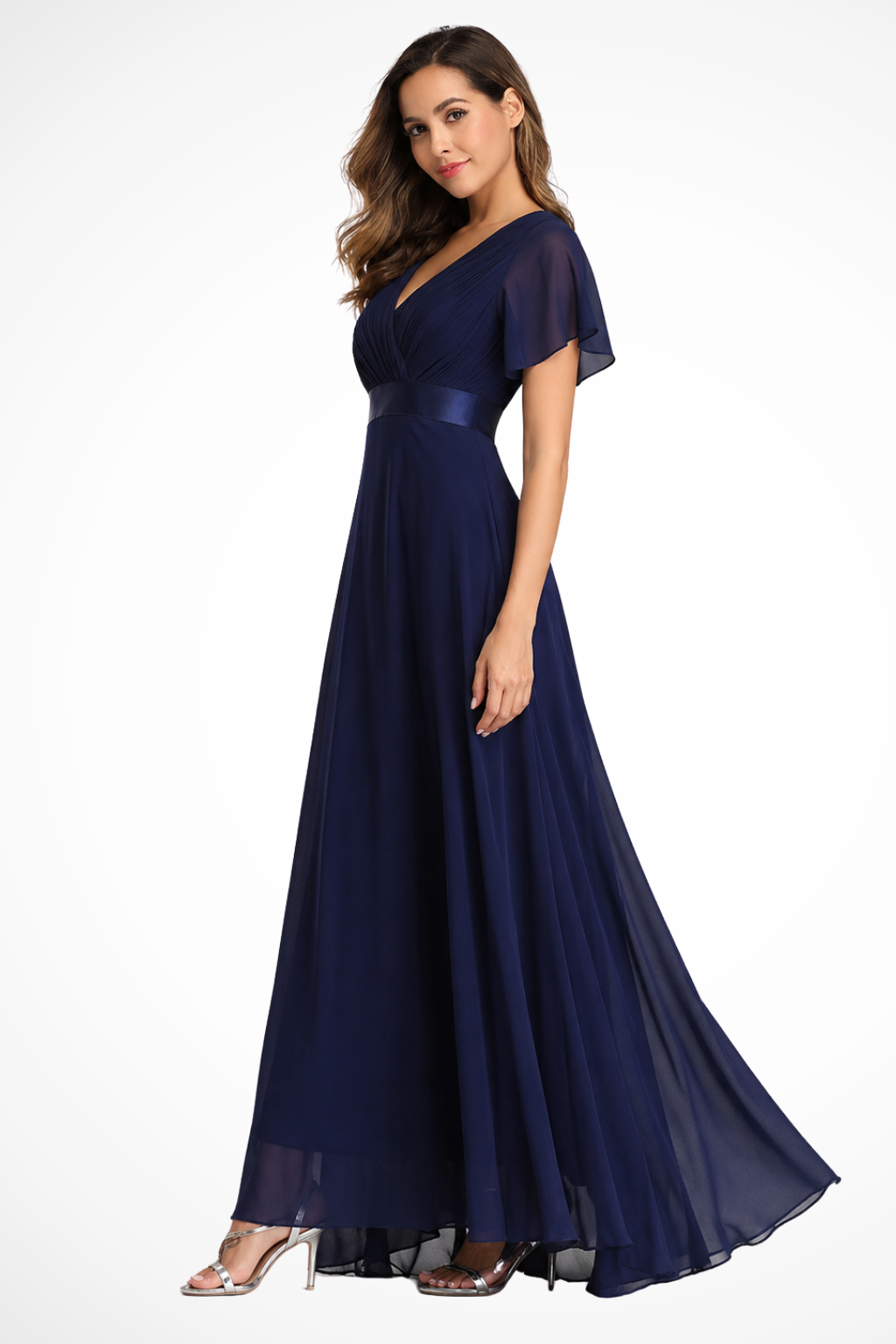 Graceful women's v-neck maxi dress with flutter sleeves, sophisticated for any special occasion.