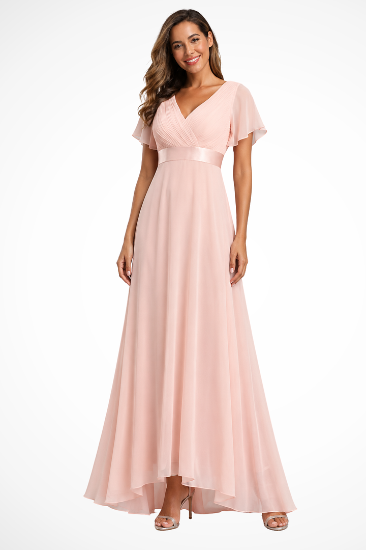 Stunning women's elegant maxi dress, featuring flutter sleeves & v-neck for a timeless wedding guest look.