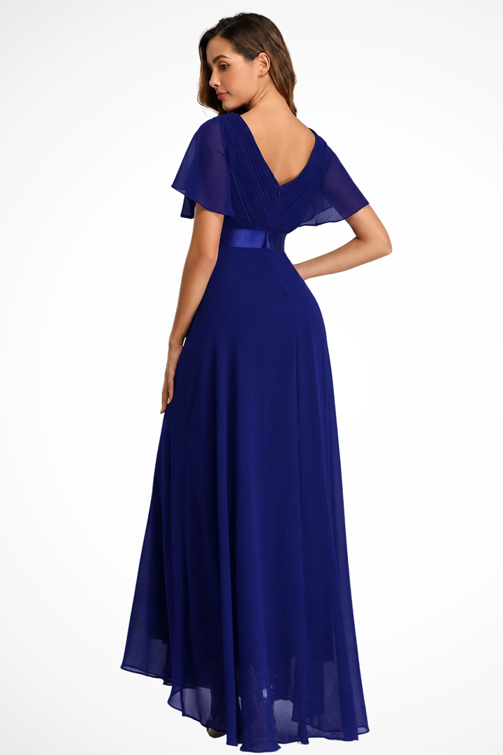 Elegant women's flutter sleeve v-neck maxi dress; perfect formal, party, or wedding guest attire.