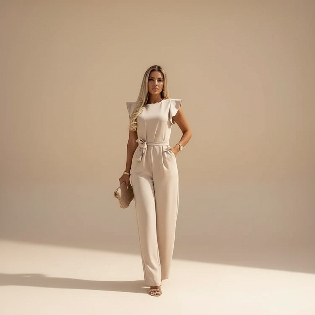 Elegant women's flutter sleeve wide leg jumpsuit with waist tie, perfect for formal occasions.