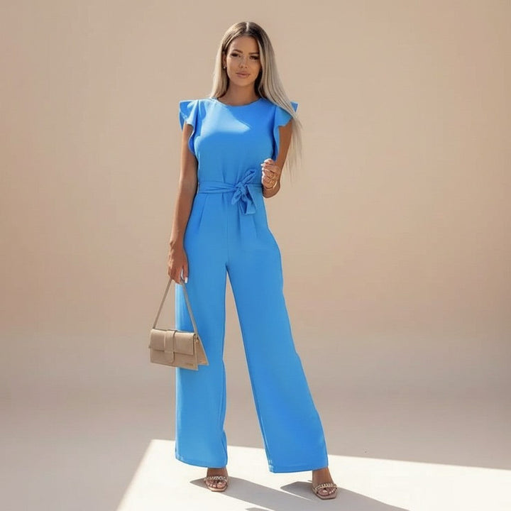 Elegant women's jumpsuit with delicate flutter sleeves, wide legs, and a defined waist tie.
