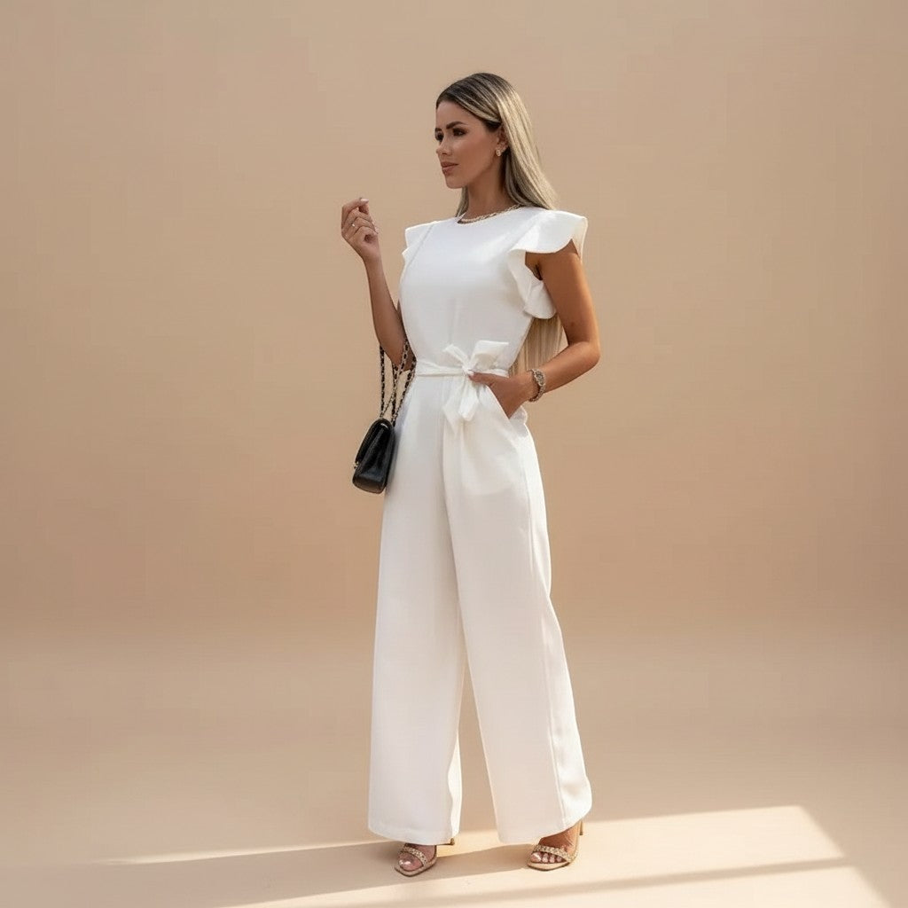Fashion-forward women's elegant jumpsuit: flutter sleeves, wide legs, and a flattering waist tie.