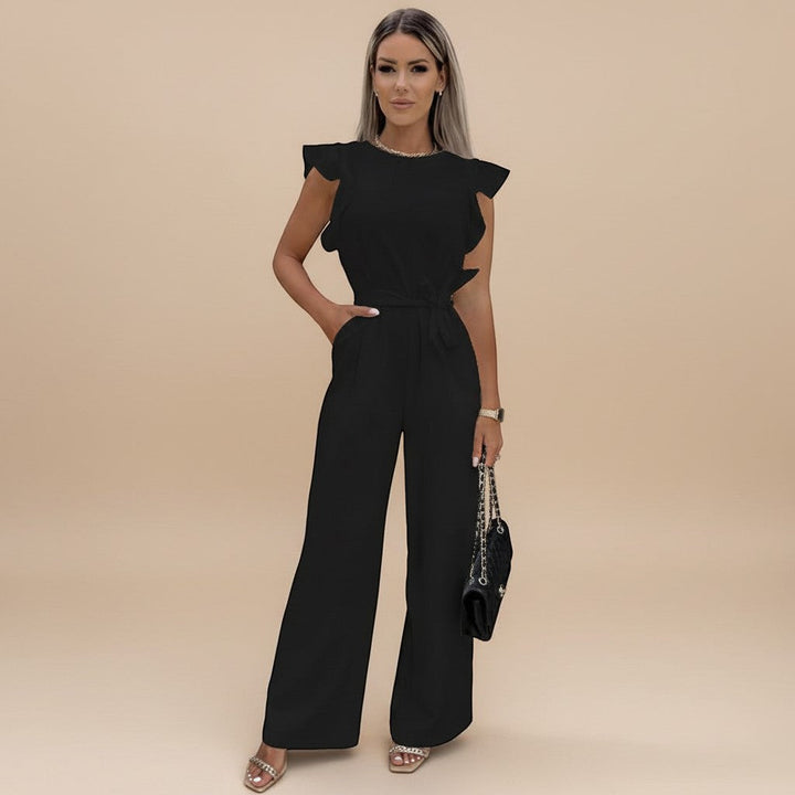 Sophisticated women's flutter sleeve wide leg jumpsuit, an elegant choice for any special occasion.