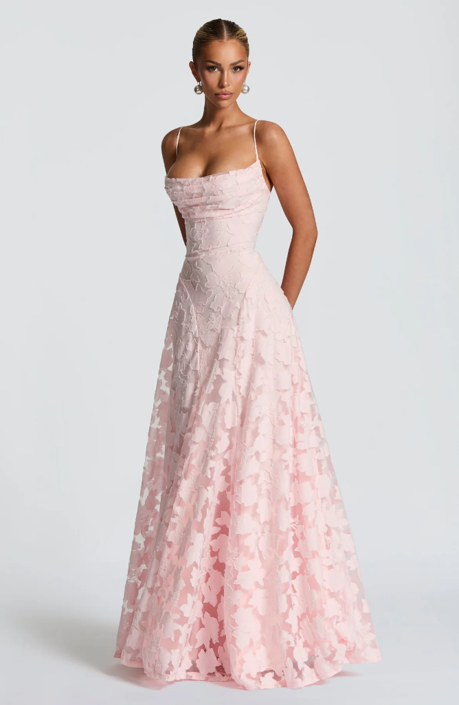Sophisticated women's formal evening gown. Elegant maxi dress for special events & parties.