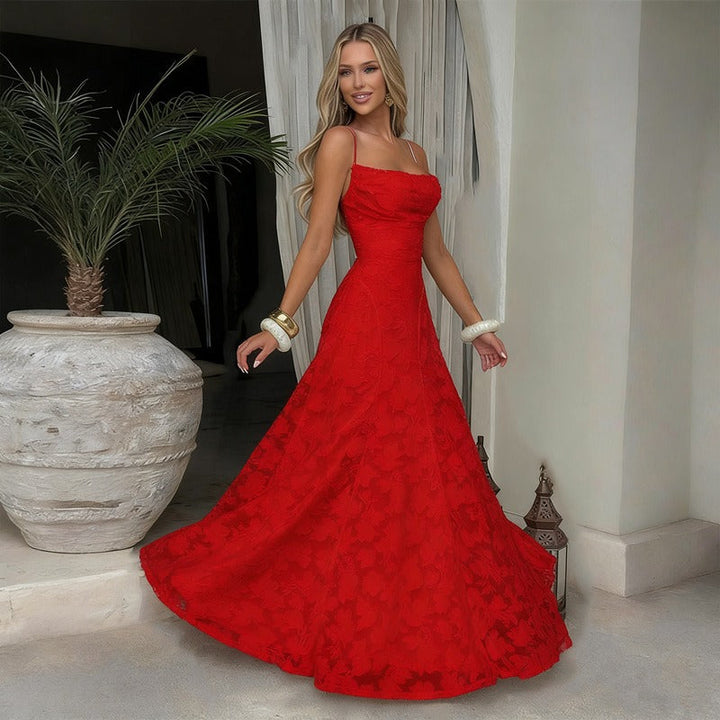 Elegant women's formal maxi evening gown. Sophisticated long party dress for special occasions.