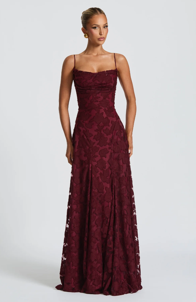 Women's elegant occasionwear formal maxi dress. Sophisticated long evening gown for parties.