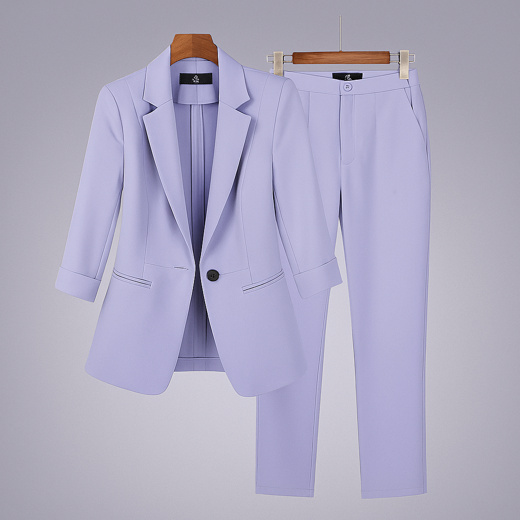 Elegant women's formal suit set with tailored blazer & matching pants, perfect for business & professional wear.
