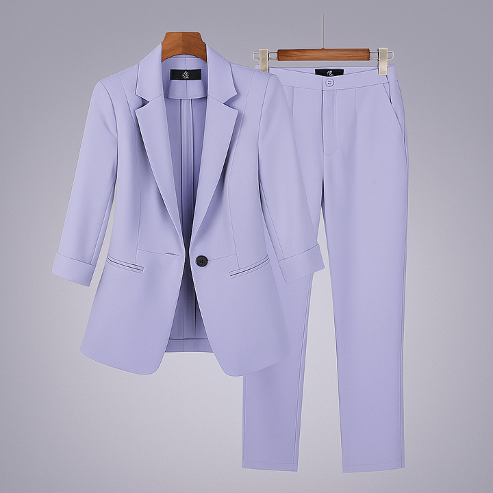 Elegant women's formal suit set with tailored blazer & matching pants, perfect for business & professional wear.