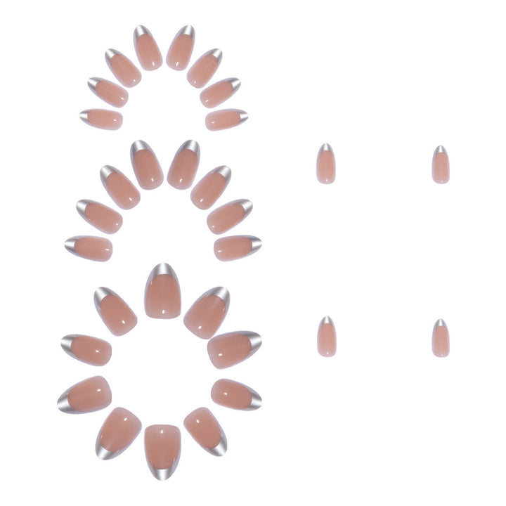 Complete women's French tip press-on nail set for a beautiful, elegant manicure. Easy artificial false nails beauty.