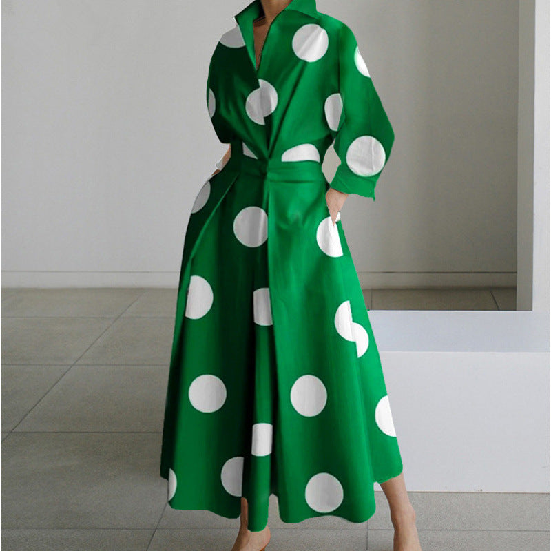 Woman modeling an elegant front wrap collared maxi dress. Versatile for casual chic or parties.