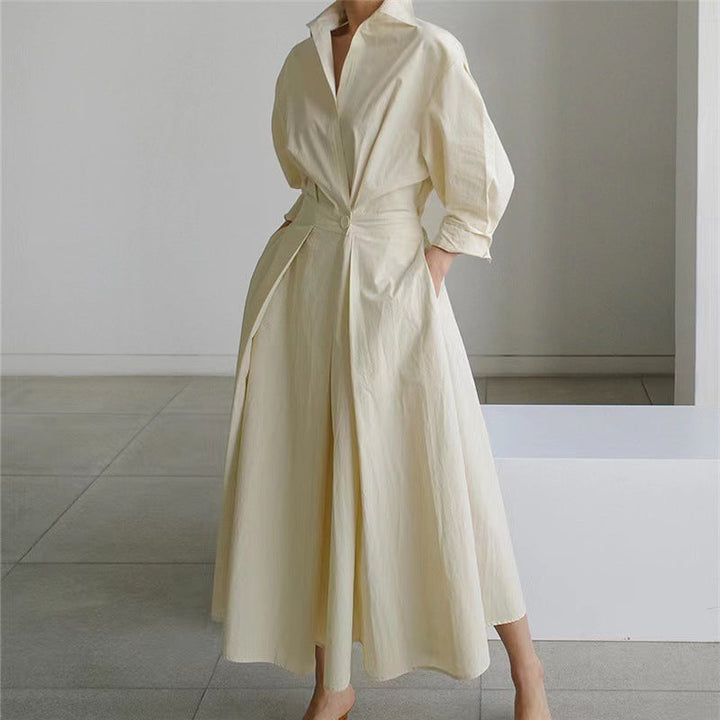 Relaxed yet elegant women's collared front wrap maxi dress. Ideal for versatile casual chic style.