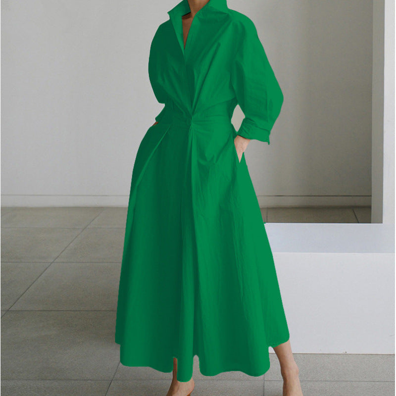 Front view: Women's elegant collared wrap maxi dress. Chic and versatile long dress for any occasion.