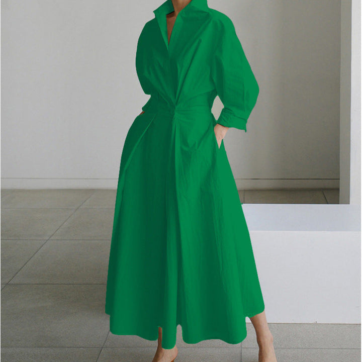 Front view: Women's elegant collared wrap maxi dress. Chic and versatile long dress for any occasion.