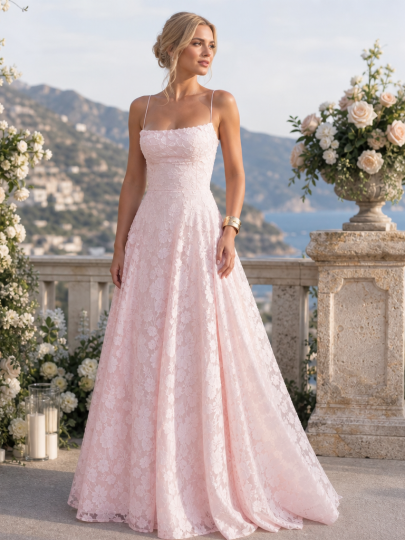 Elegant women's full lace maxi dress with delicate spaghetti straps, perfect for formal occasions.