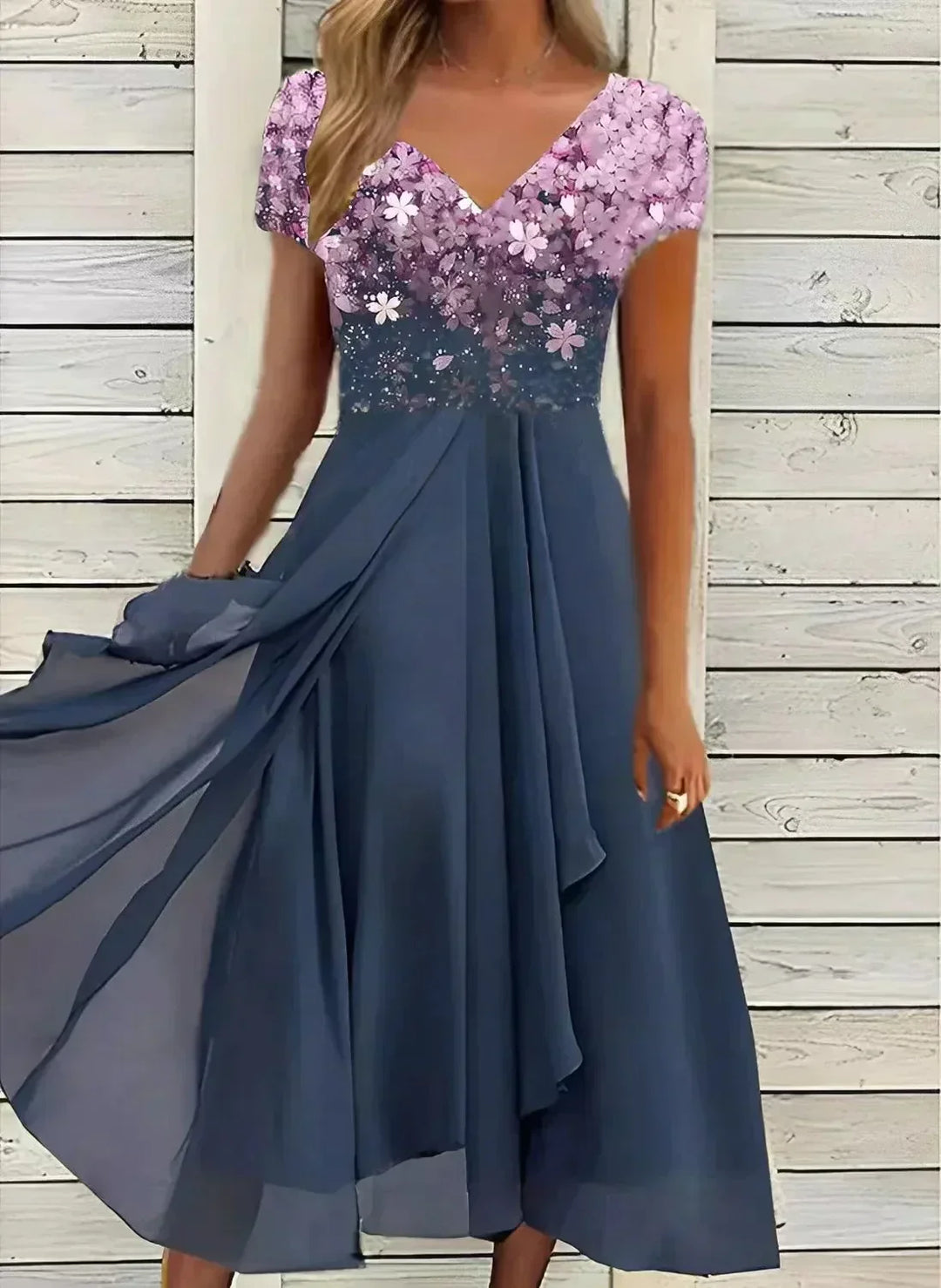 Sophisticated women's long dress for special occasions. Glamorous party or evening wear with a flattering fit.