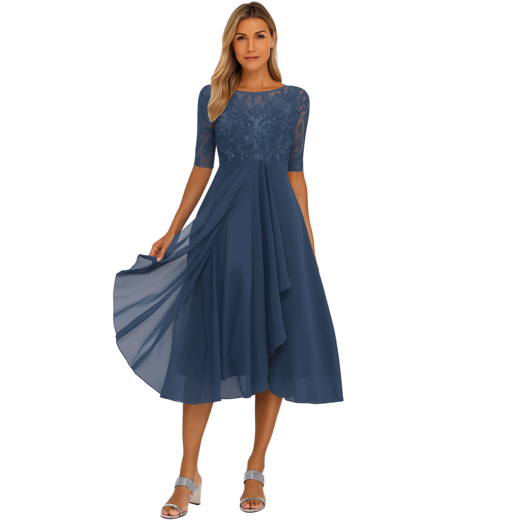 Elegant women's gold lace midi dress with flowing skirt, perfect for evening wear & special occasions. Formal party dress.