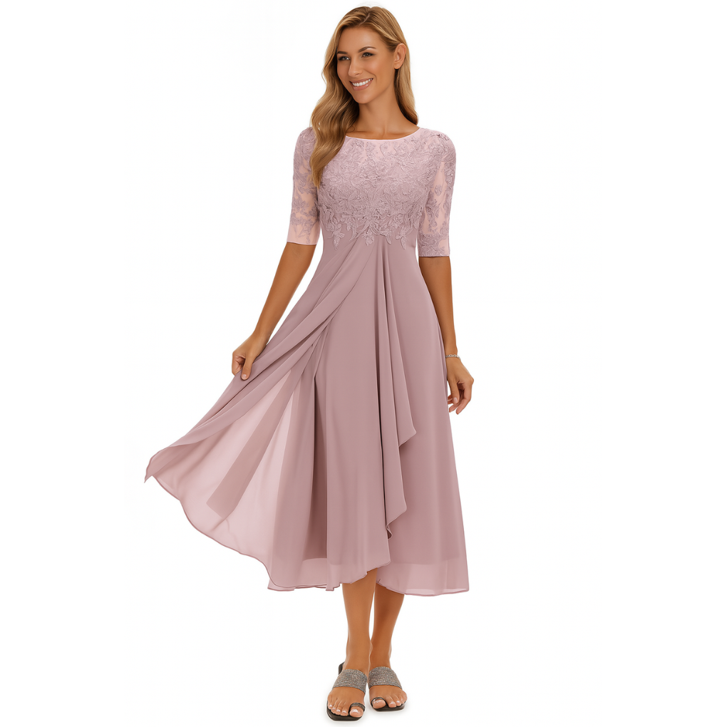 Stunning blue women's midi dress with elegant lace overlay and flowing skirt, suitable for special occasions & evening parties.
