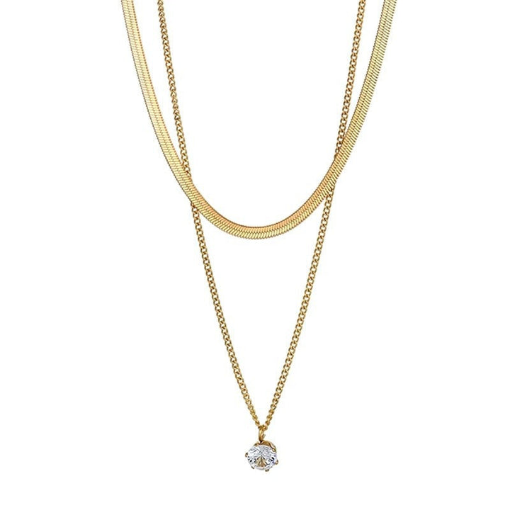 Delicate women's layered pendant necklace in gold, combining a choker and longer chain for a trendy look.