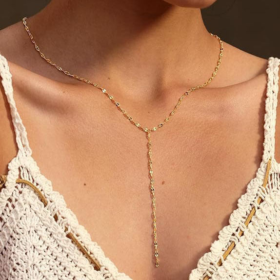 Delicate gold fashion Y-chain lariat necklace for women, showcasing elegant jewelry style.