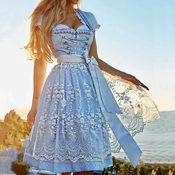 Authentic women's gray Dirndl traditional dress. Elegant folk attire, ideal for Oktoberfest, festivals, and cultural events.