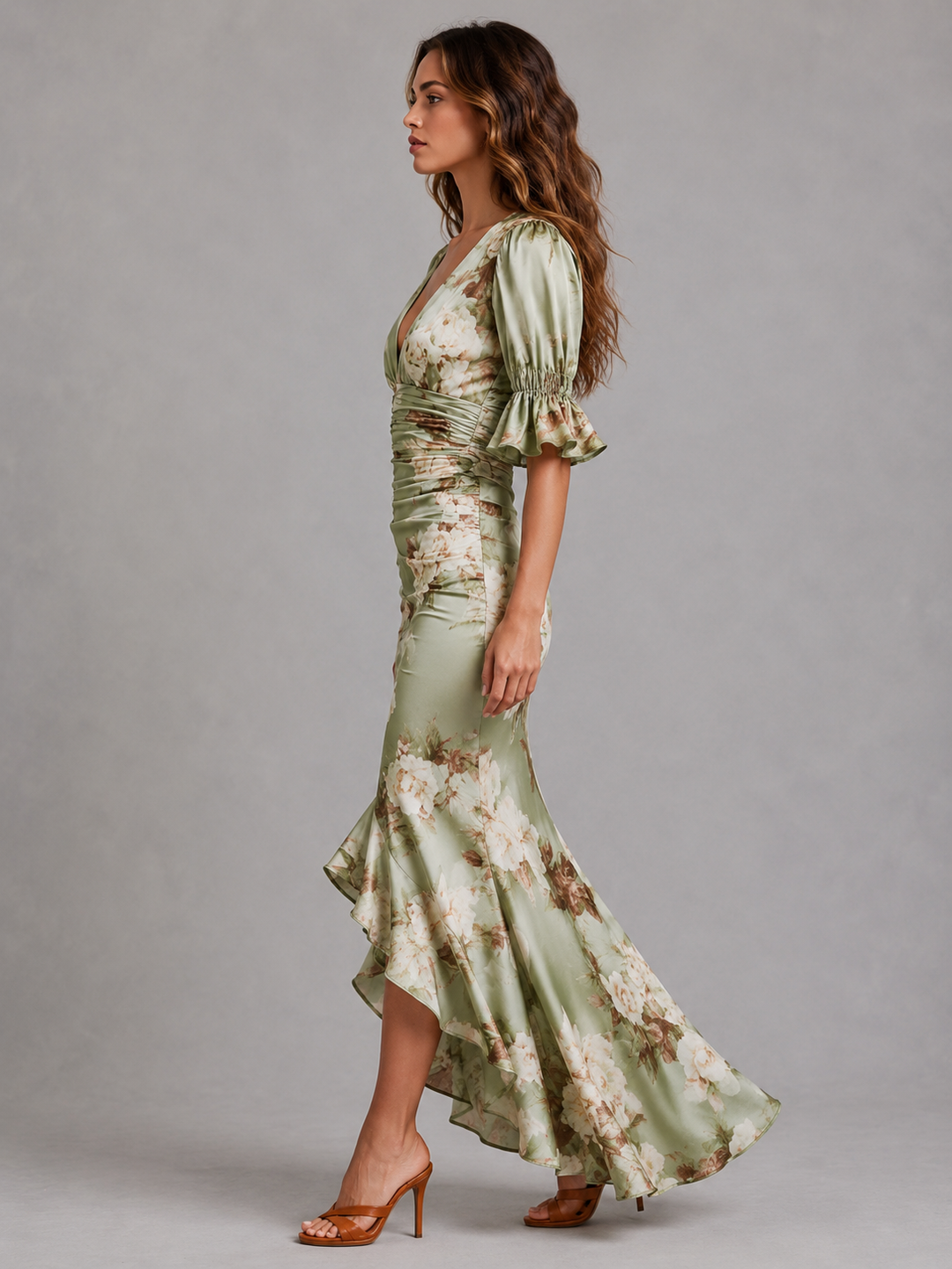Long green floral ruched maxi dress for women, a feminine and elegant choice for any special occasion.