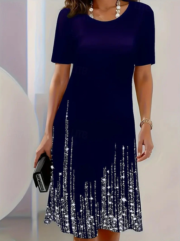 Sophisticated navy blue midi evening dress for women. Perfect elegant attire for formal dinners & special occasions.