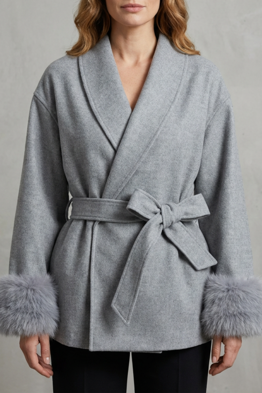 Elegant women's grey wrap coat with luxurious faux fur trim and belt. Perfect for sophisticated winter style.