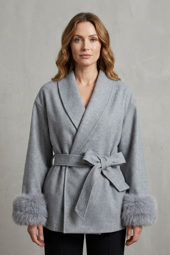 Women's warm wrap coat in grey, featuring a plush faux fur collar and adjustable belt for cold weather fashion.