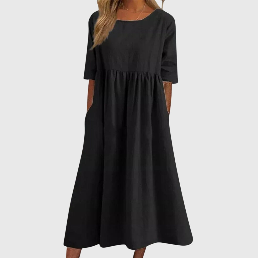 Flattering Haisley Short-Sleeve Women's Midi Dress. An elegant summer dress, comfortable for everyday and casual style.