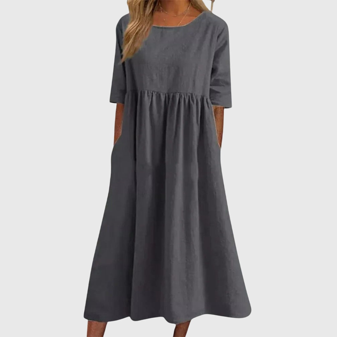 Elegant Haisley Women's Short-Sleeve Midi Dress. Versatile classic style, perfect as an office, party or casual summer dress.