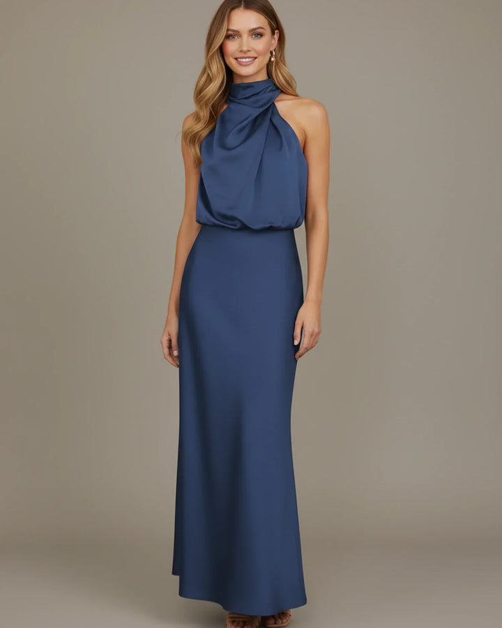 Elegant women's slip midi dress, perfect for weddings, featuring a graceful halter & cowl neck design.