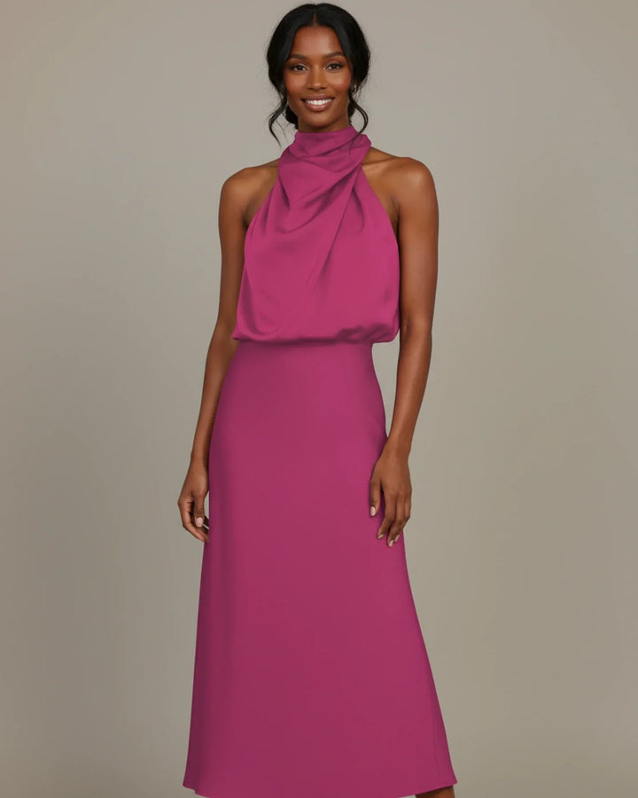 Feminine fashion: women's midi dress with a stunning cowl neck and elegant halter design for parties.