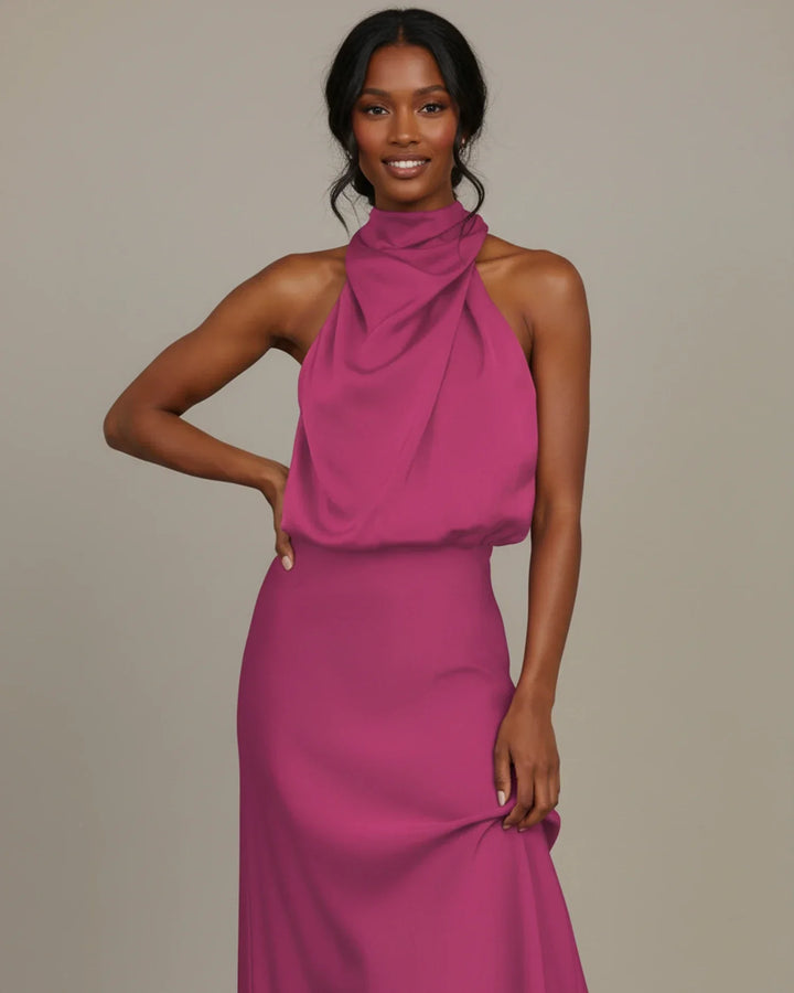 Stylish women's formal occasion dress; a slip midi with a flattering cowl neck and halter silhouette.
