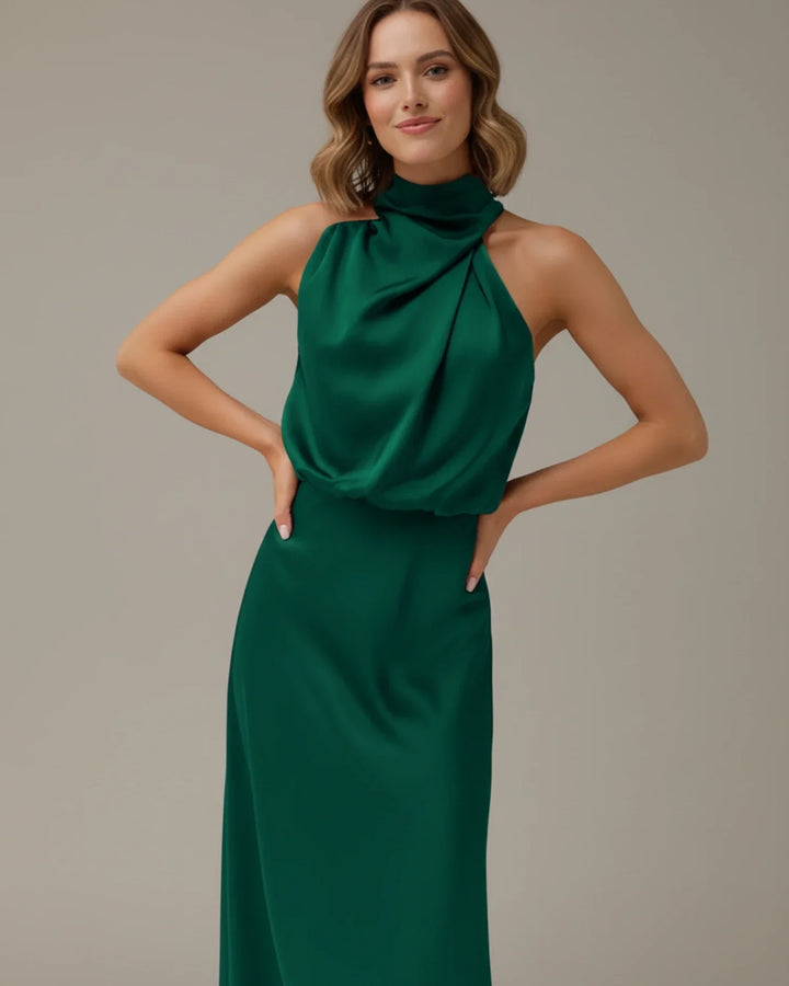 Versatile women's midi dress, suitable for formal events, parties, or weddings; halter cowl neck slip.