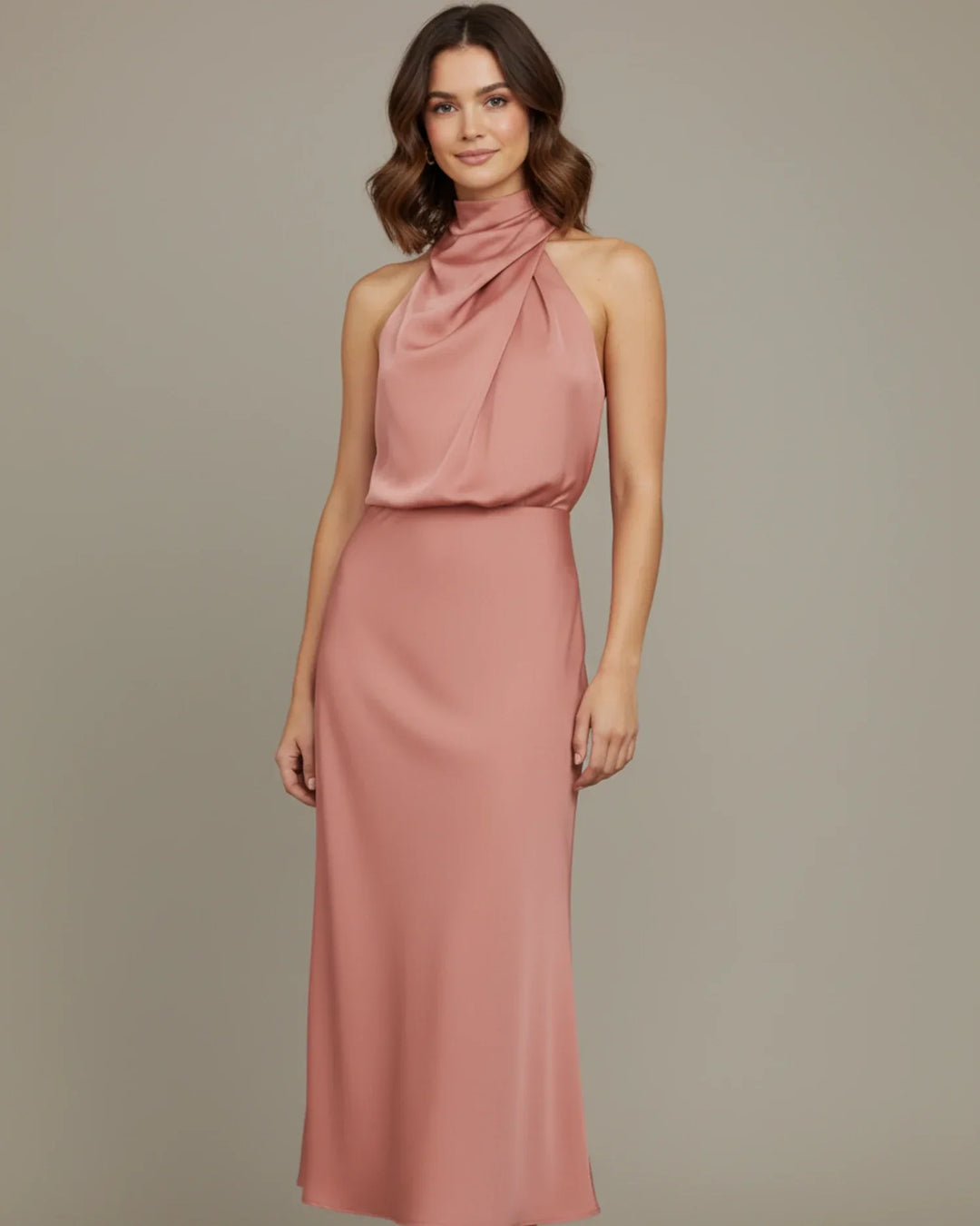 Beautiful women's party dress: an elegant halter neck and draped cowl front in a flattering midi length.