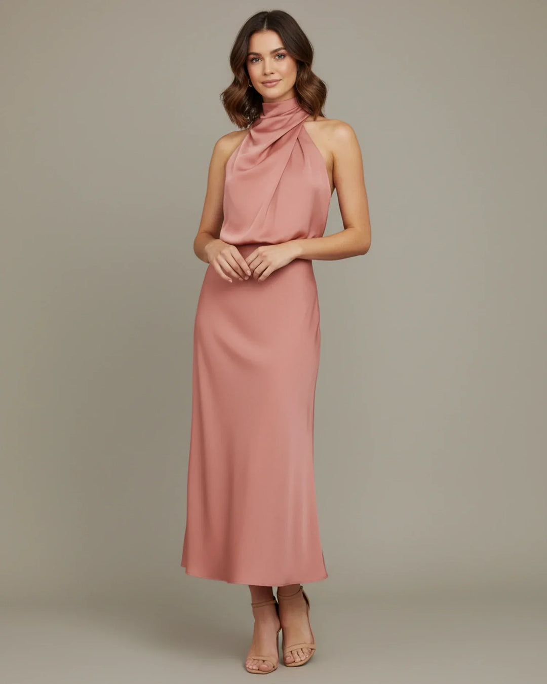 Flattering women's formal midi dress with a chic cowl neck and adjustable halter straps for comfort.